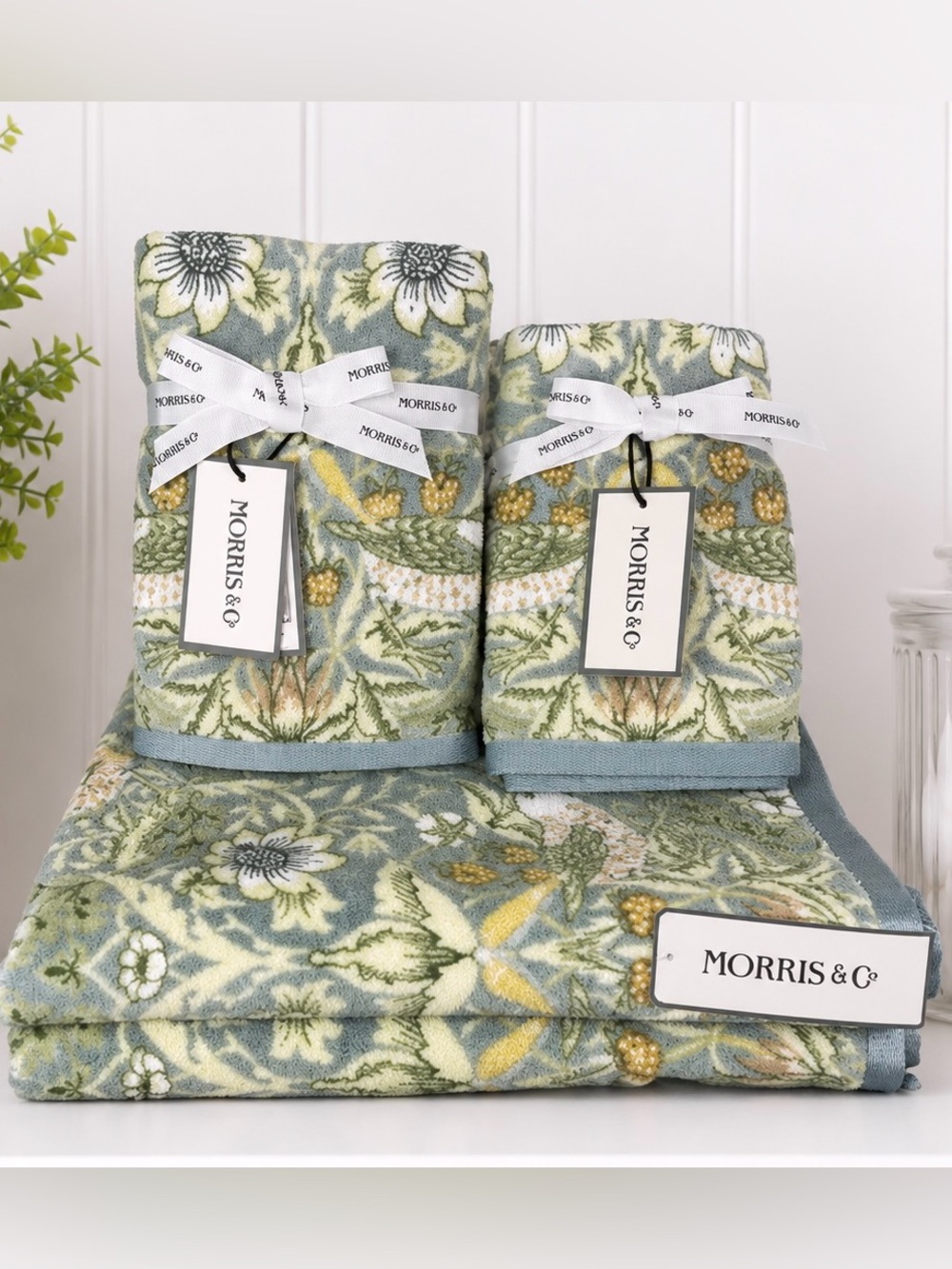 William Morris Co Strawberry Thief Green Cotton Velour 6 Pc Towel Set NWT